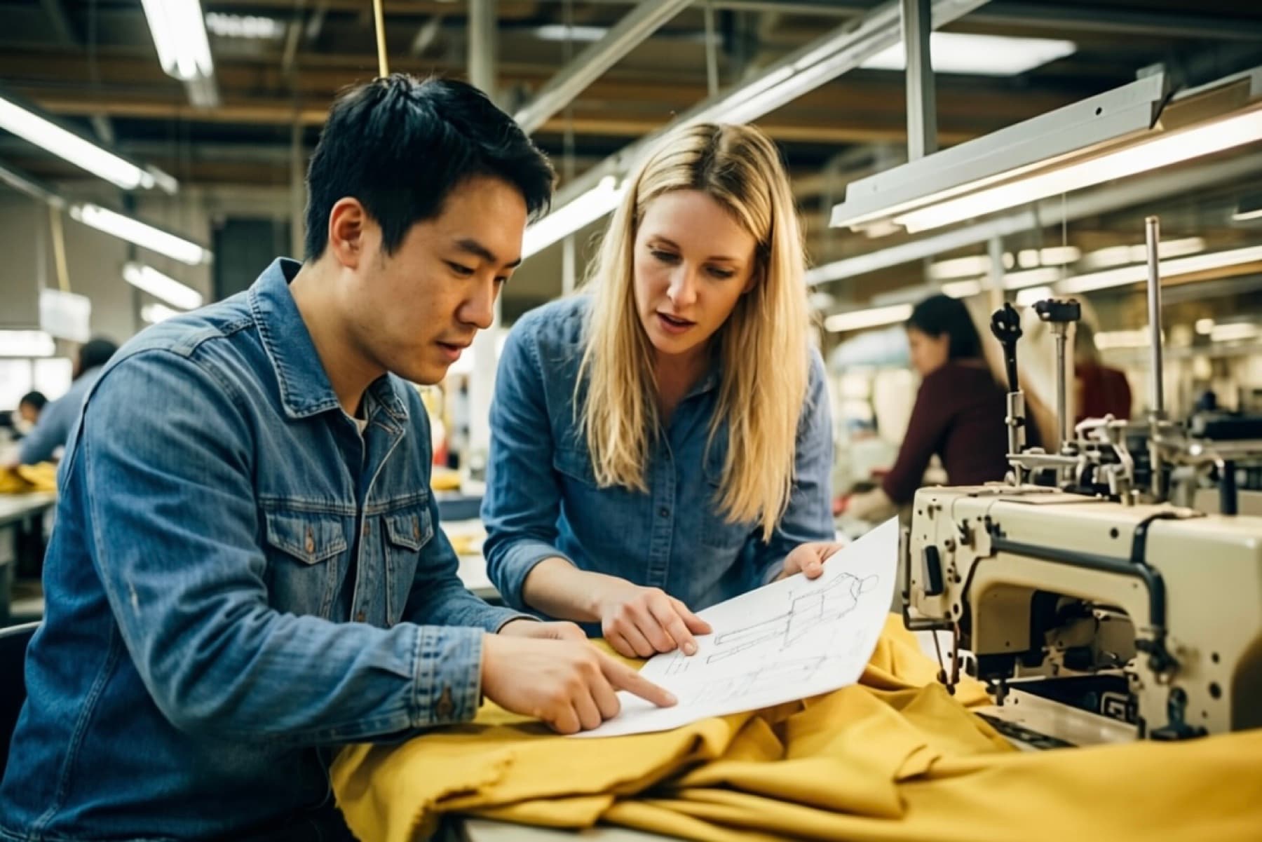 Factory team reviewing a garment, production sketch, and logo brief for a wholesale activewear customisation project