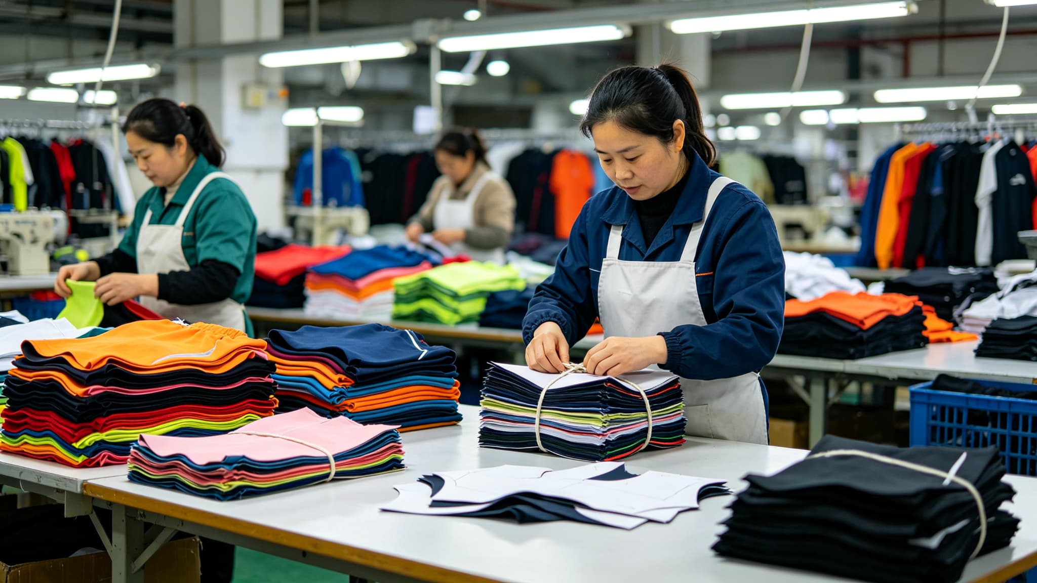 Unbranded cut activewear panels being sorted for a production-context reference in a yoga skirt factory brief