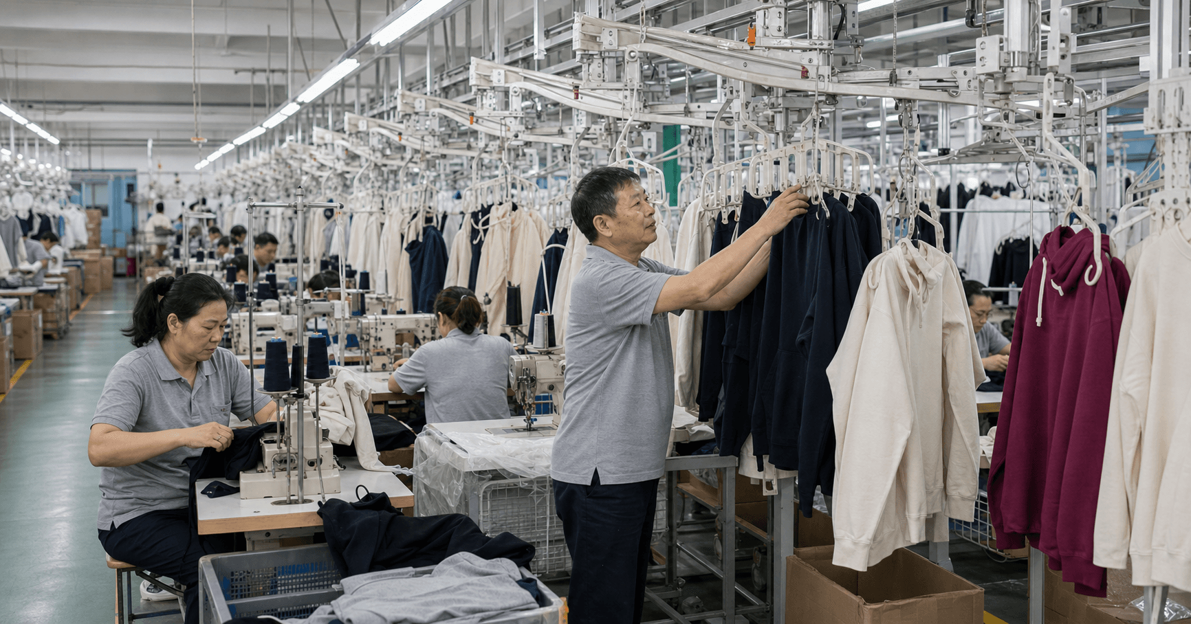 Unbranded garments moving through a factory production line as context for a compression-wear production brief