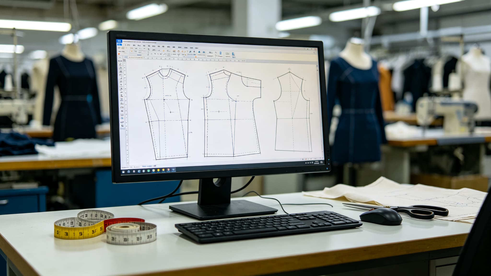 CAD pattern screen showing top and bottom garment pieces for a coordinated training-set development discussion