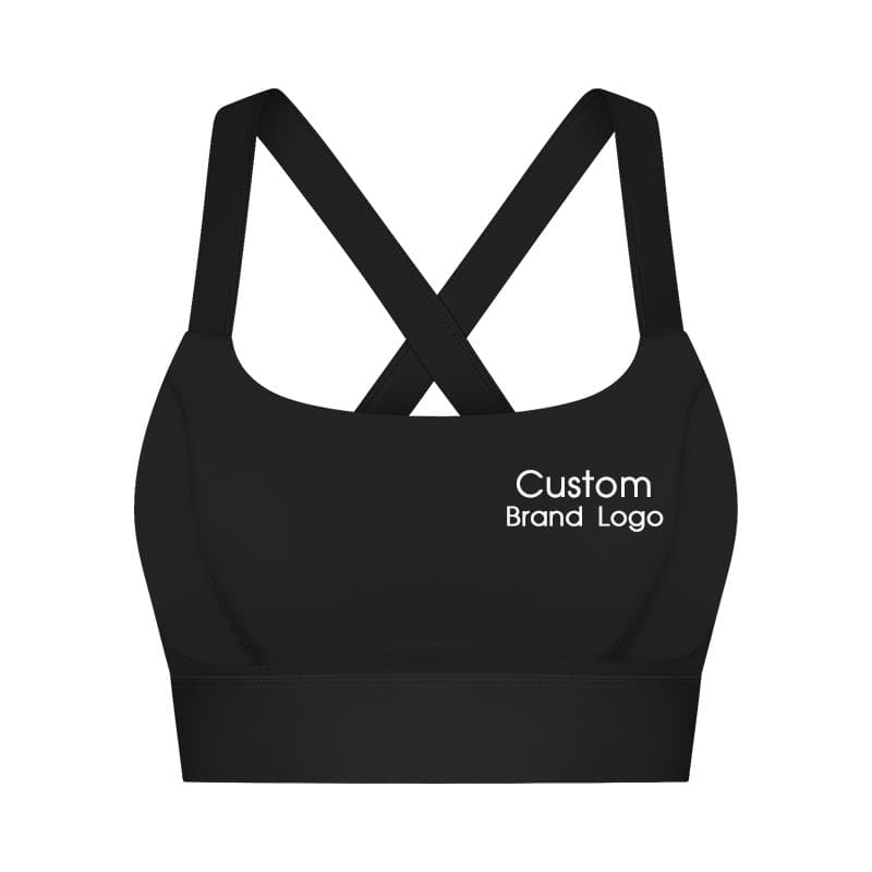 inPACE black cross-back padded sports bra with a custom brand logo placement