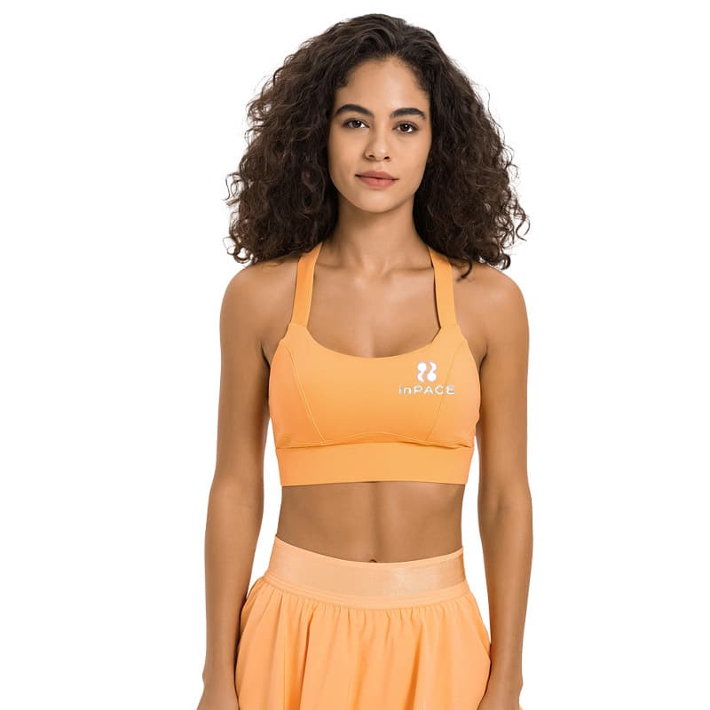 inPACE black cross-back padded sports bra with a custom brand logo placement view 6