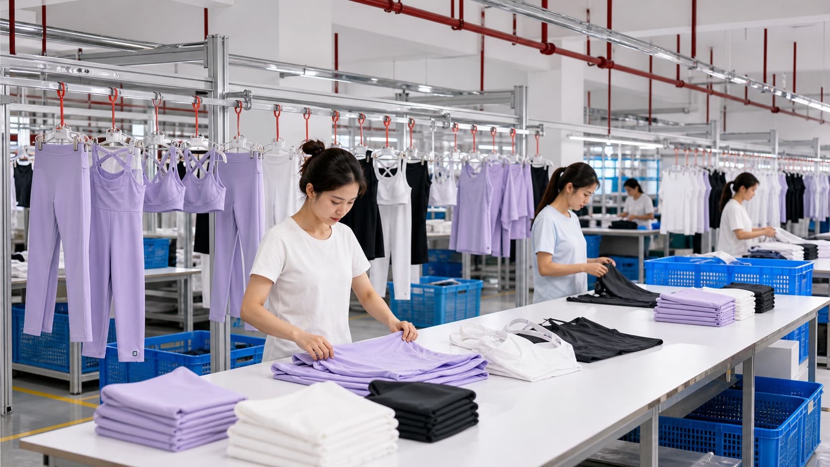 Factory team preparing folded activewear, poly bags, and cartons for a wholesale order with custom logo details