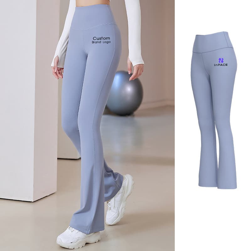 inPACE blue high-waist flared yoga pants with a private-label logo placement reference