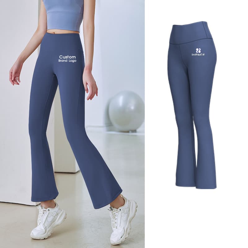 inPACE blue high-waist flared yoga pants with a private-label logo placement reference view 4