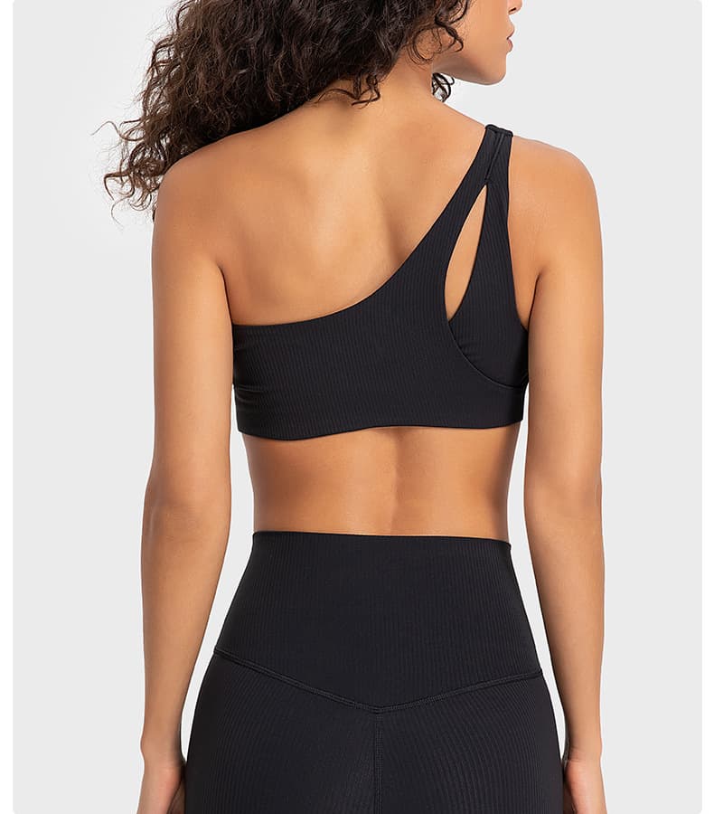 Lilac one-shoulder keyhole-back sports bra front view for private-label development view 5