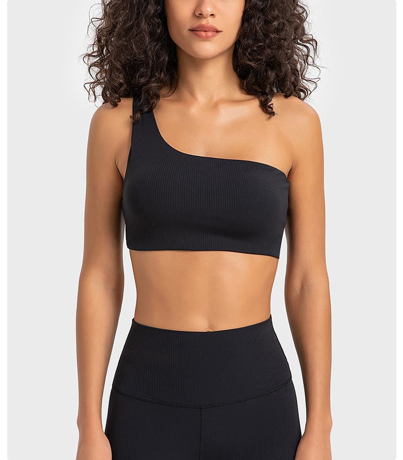 Lilac one-shoulder keyhole-back sports bra front view for private-label development view 3