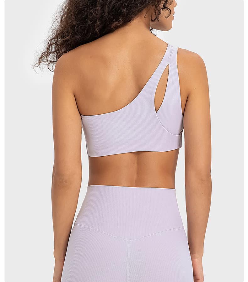 Lilac one-shoulder keyhole-back sports bra front view for private-label development view 2