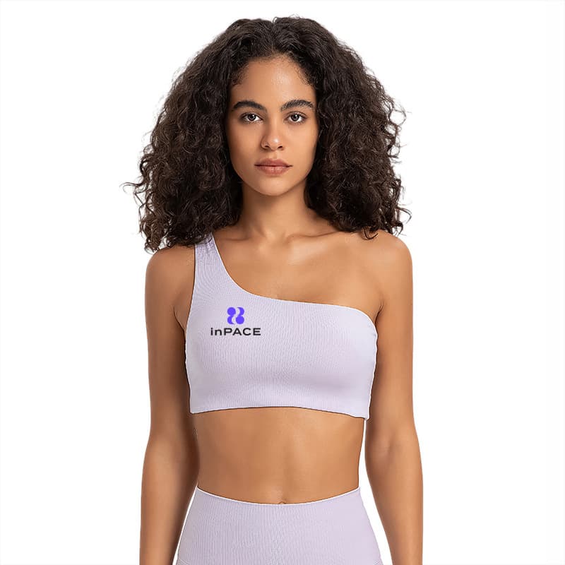 Lilac one-shoulder keyhole-back sports bra front view for private-label development