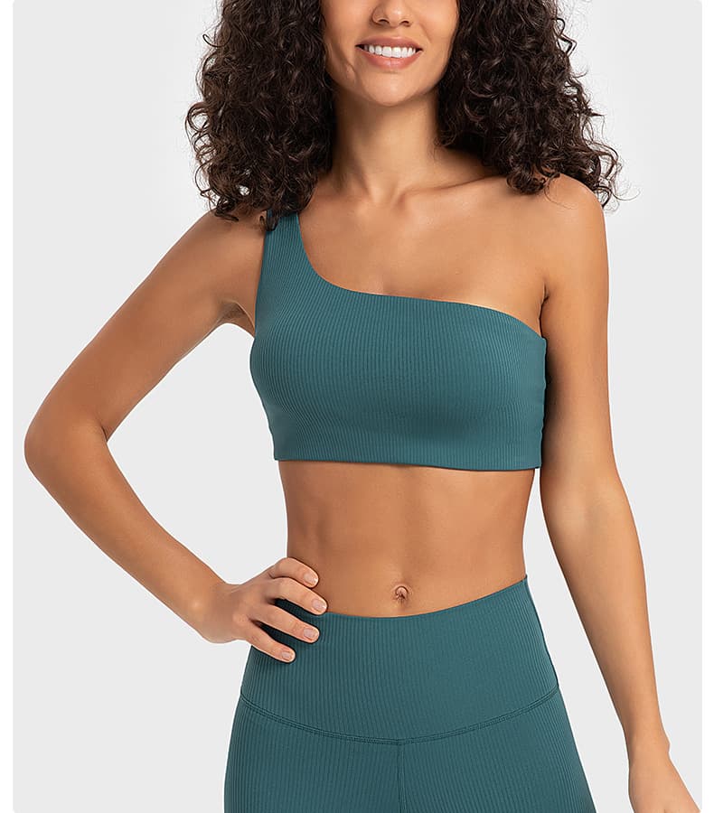 Lilac one-shoulder keyhole-back sports bra front view for private-label development view 4