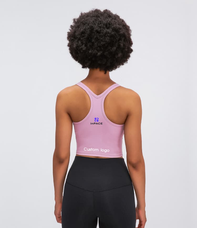 inPACE pink racerback cropped yoga tank with a custom logo placement view 4