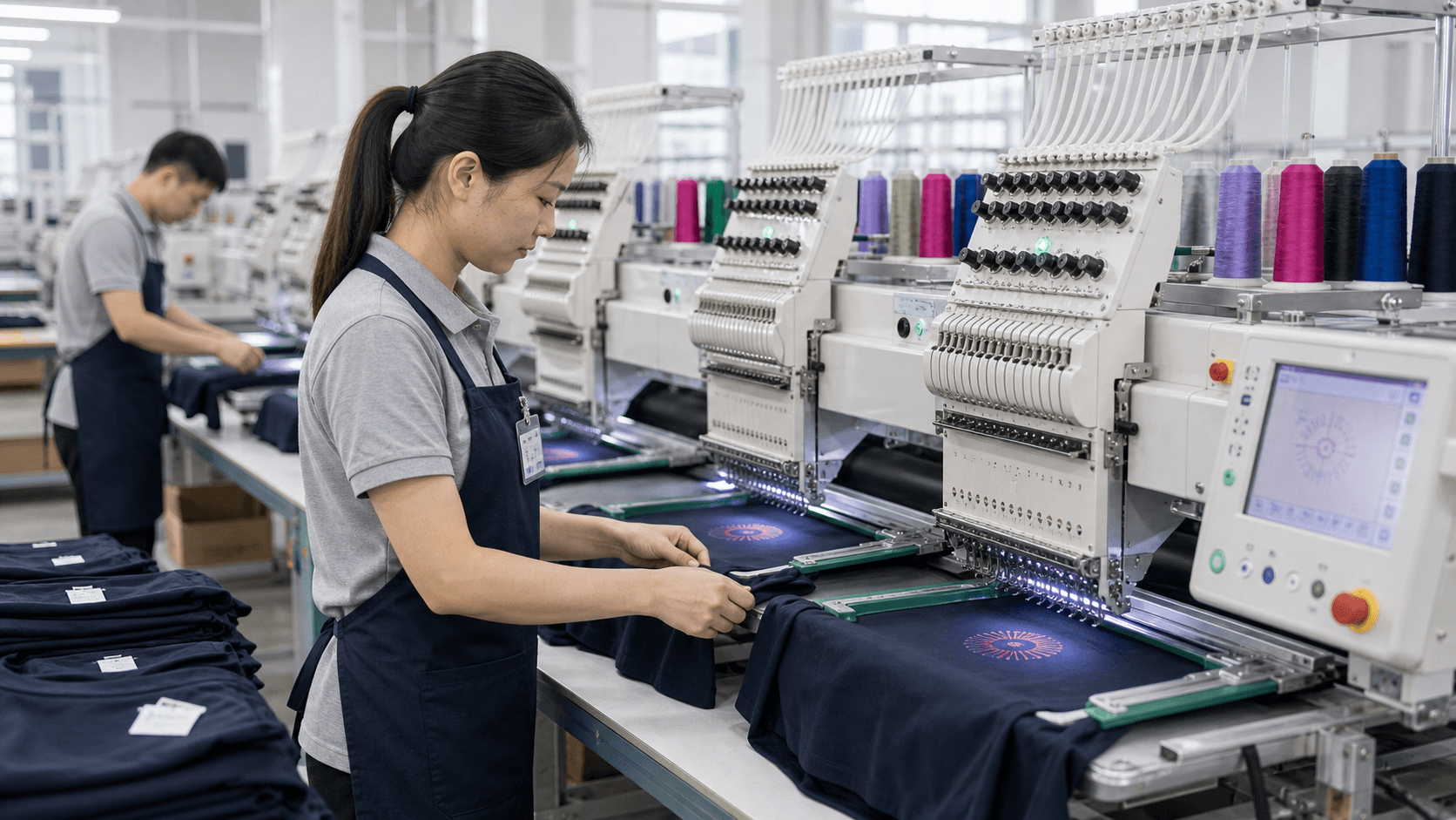 Computerized embroidery machine stitching a logo on activewear fabric