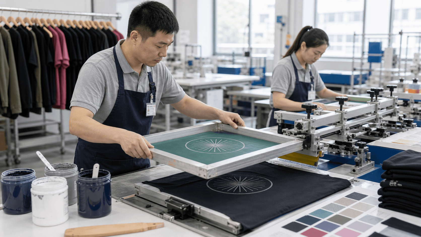 Young technician using screen-print equipment for activewear artwork