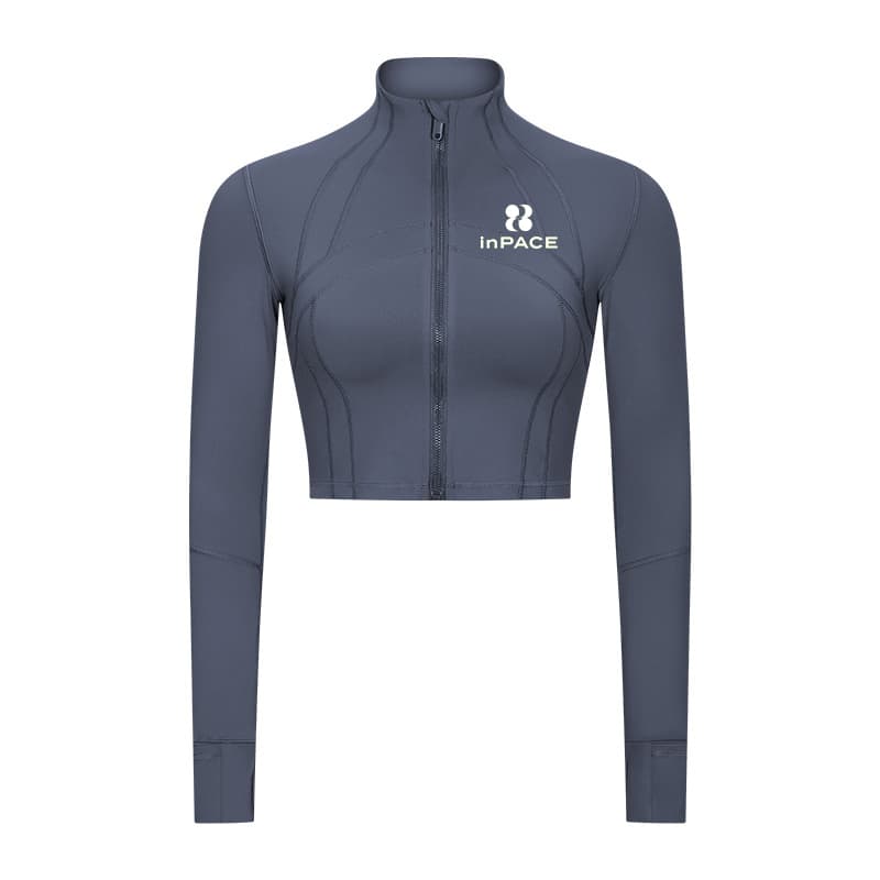 Grey cropped zip-front training jacket with stand collar and shaped panel seams