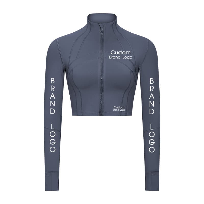 Grey cropped zip-front training jacket with stand collar and shaped panel seams view 2