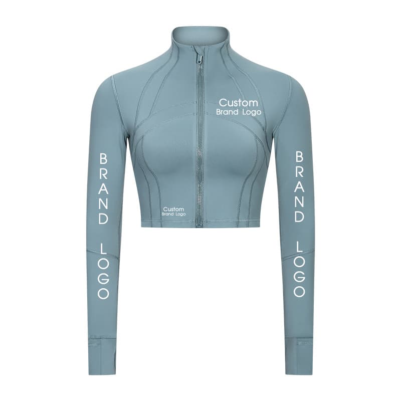 Grey cropped zip-front training jacket with stand collar and shaped panel seams view 5