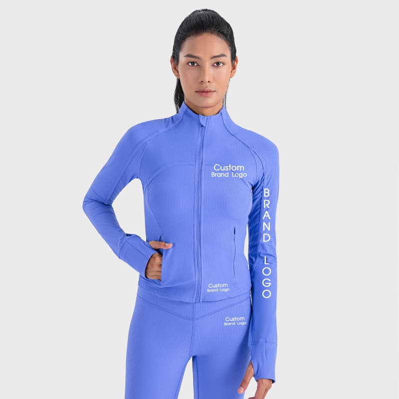Blue stand-collar zip training jacket with long sleeves and side pockets view 2