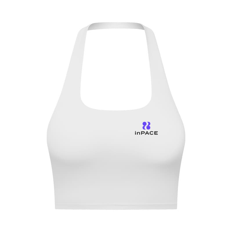 White halter-neck yoga bra with high neckline and cropped body