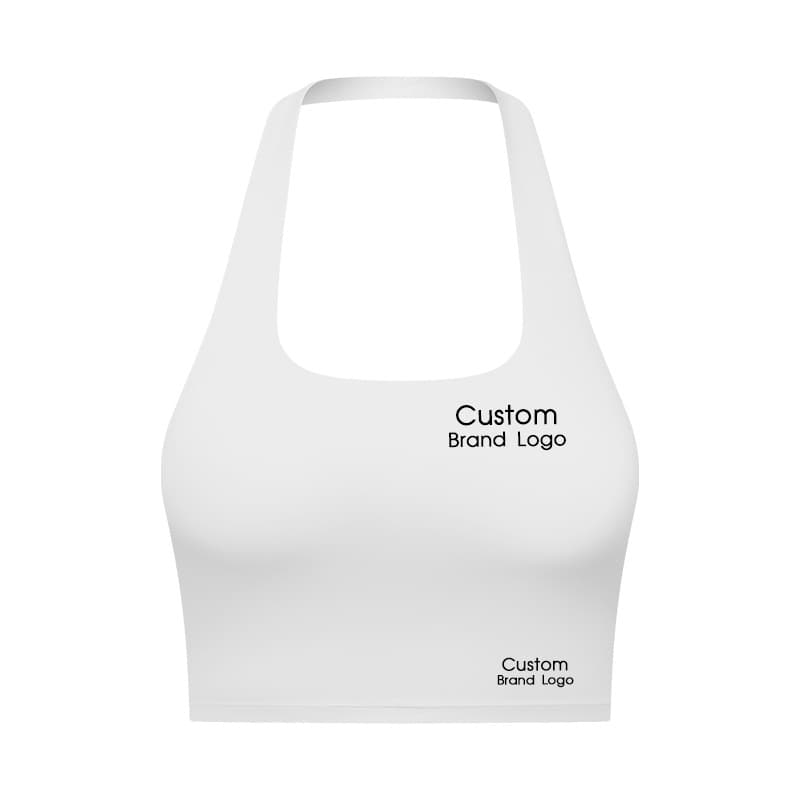 White halter-neck yoga bra with high neckline and cropped body view 2