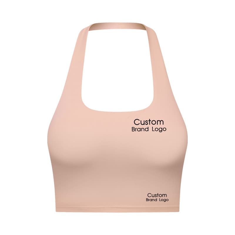 White halter-neck yoga bra with high neckline and cropped body view 4