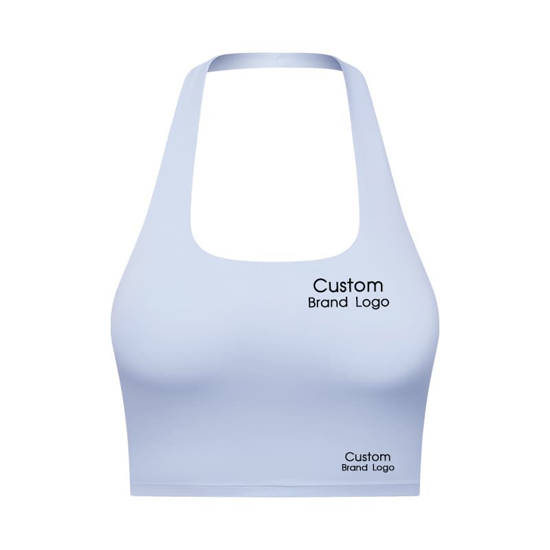 White halter-neck yoga bra with high neckline and cropped body view 5