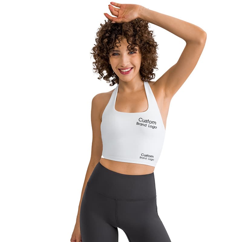 White halter-neck yoga bra with high neckline and cropped body view 3
