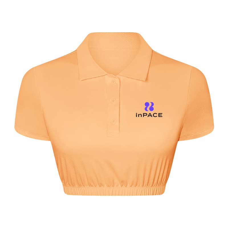 White cropped performance polo top with collar, button placket, and elastic hem view 2