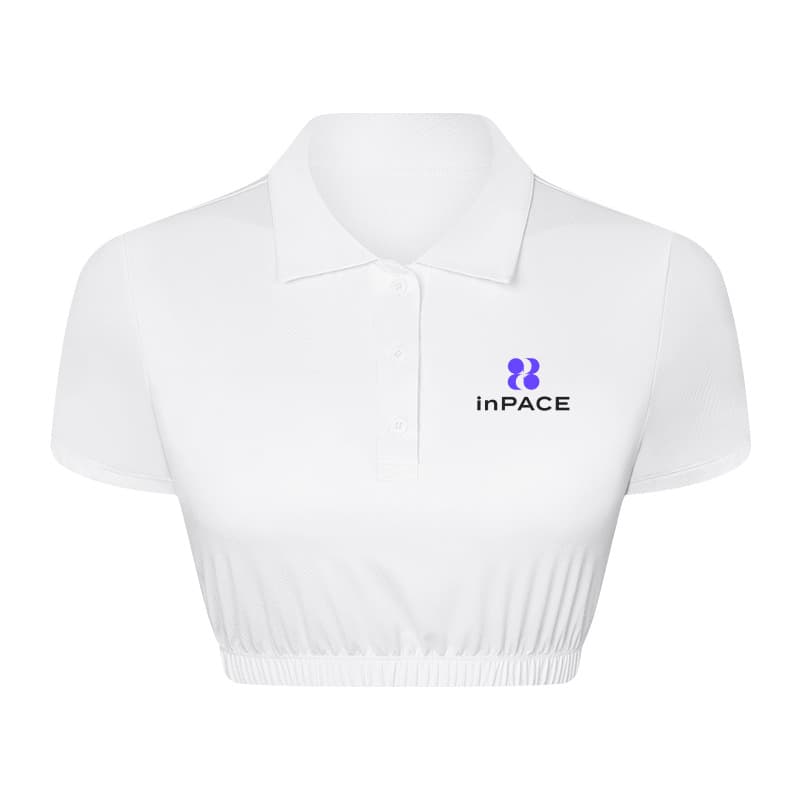 White cropped performance polo top with collar, button placket, and elastic hem view 4