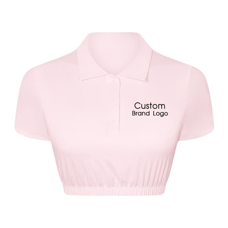 White cropped performance polo top with collar, button placket, and elastic hem view 5