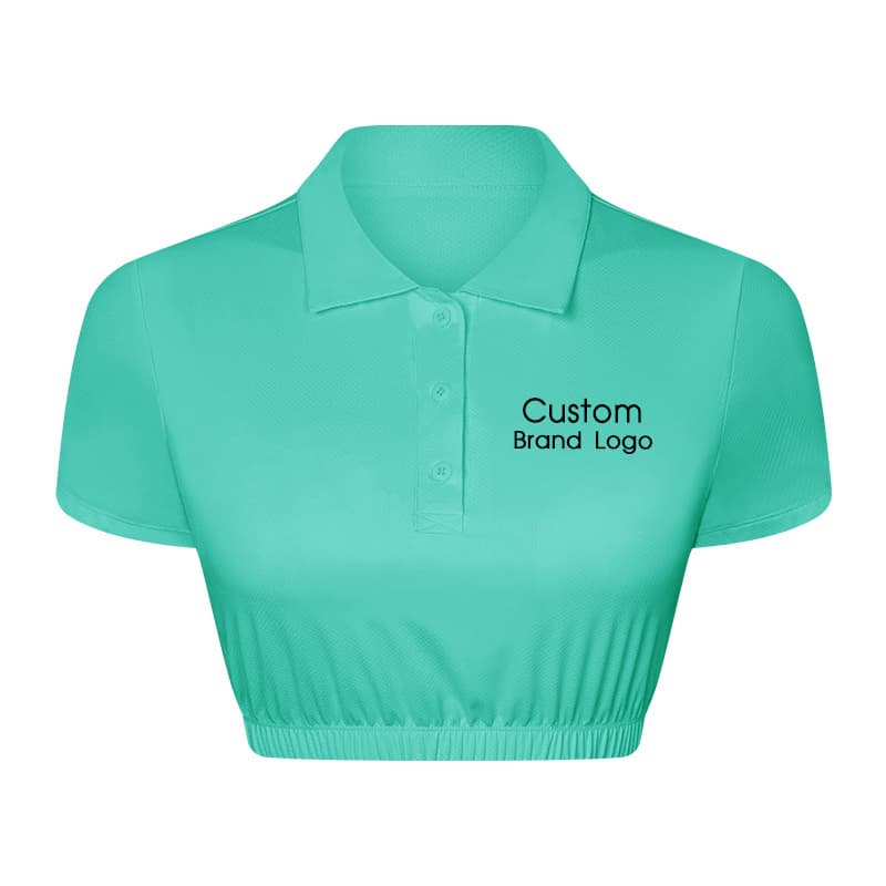 White cropped performance polo top with collar, button placket, and elastic hem view 3
