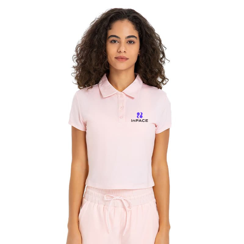 Pink short-sleeve performance polo with collar and button placket