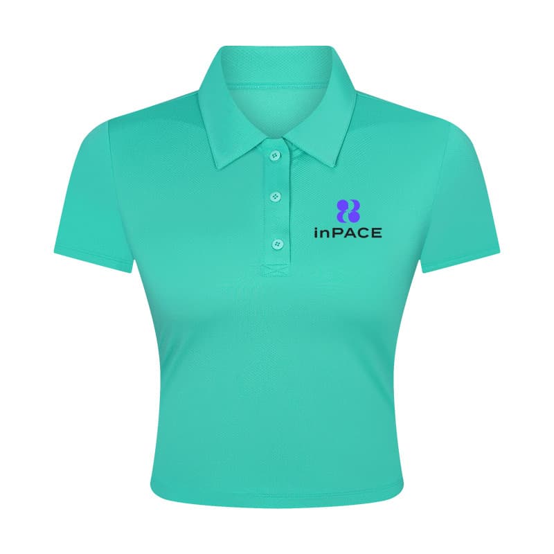 Pink short-sleeve performance polo with collar and button placket view 2