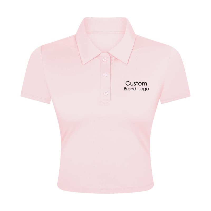 Pink short-sleeve performance polo with collar and button placket view 5