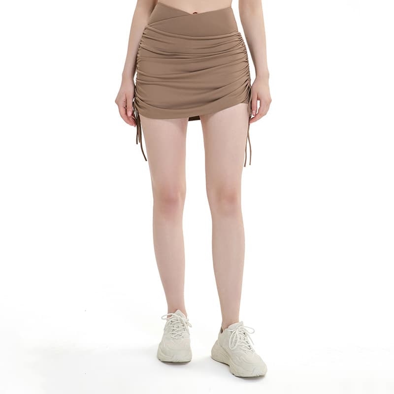 Black ruched side-tie activewear skirt with adjustable drawcord detail view 5