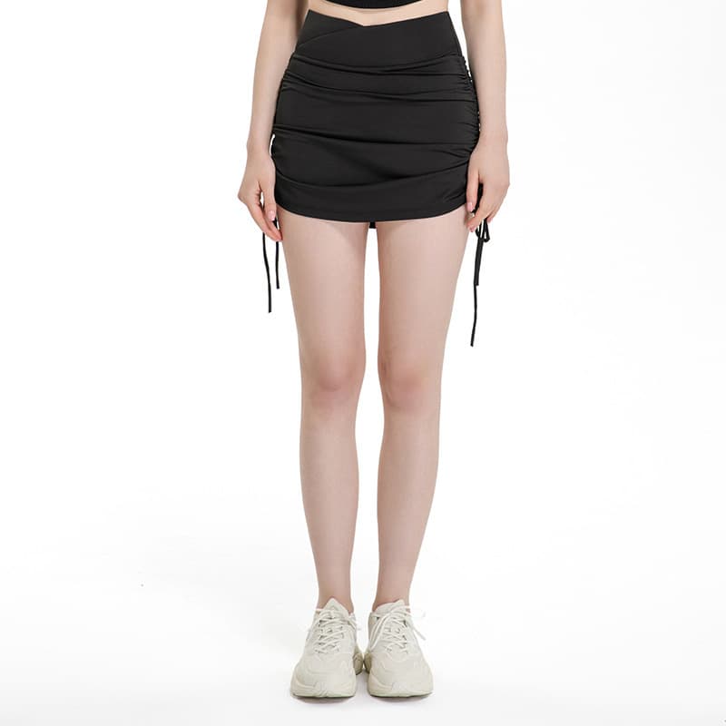 Black ruched side-tie activewear skirt with adjustable drawcord detail view 3