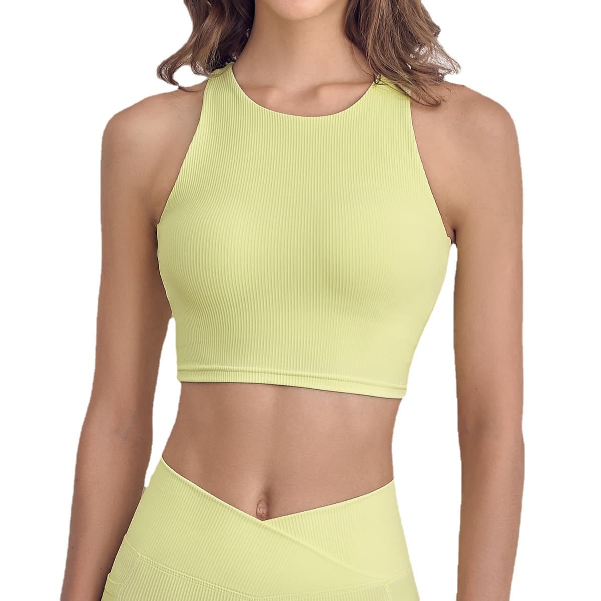 High-neck cropped yoga tank with fitted body and clean sleeveless armholes view 3