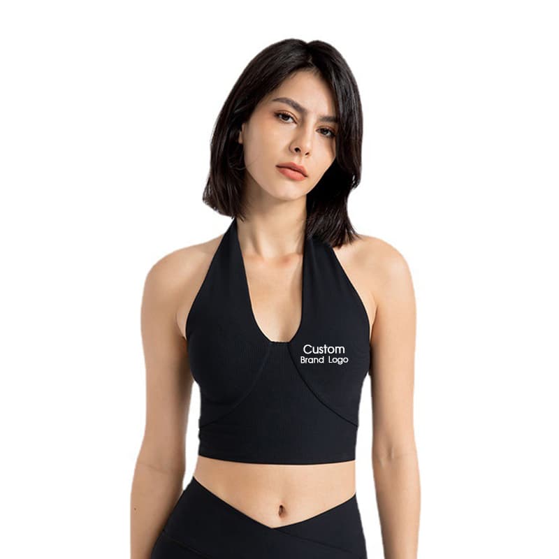 Halter-neck cropped yoga top with a front cutout detail view 4