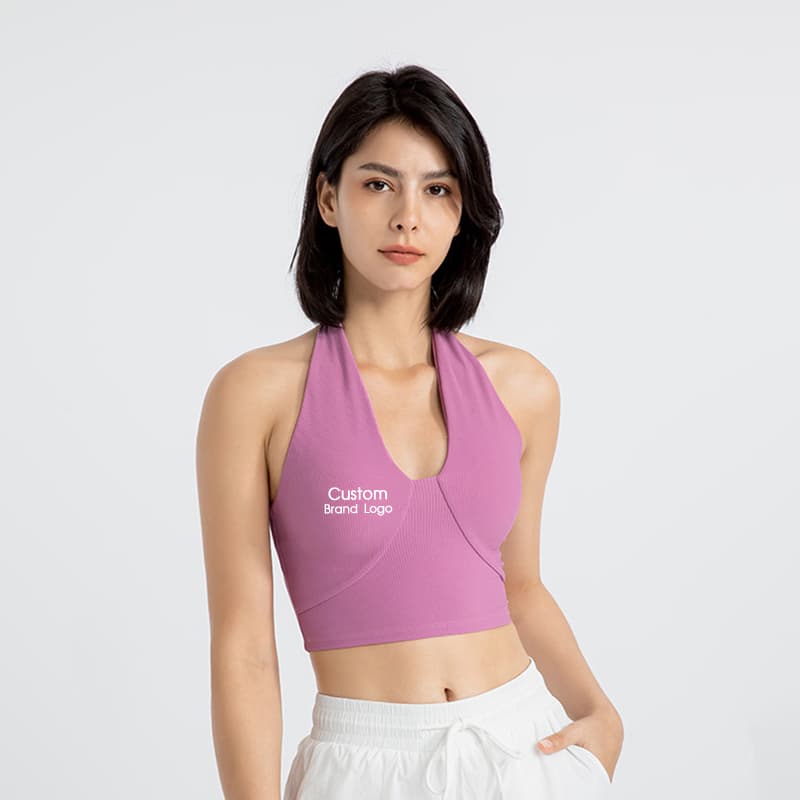 Halter-neck cropped yoga top with a front cutout detail view 5