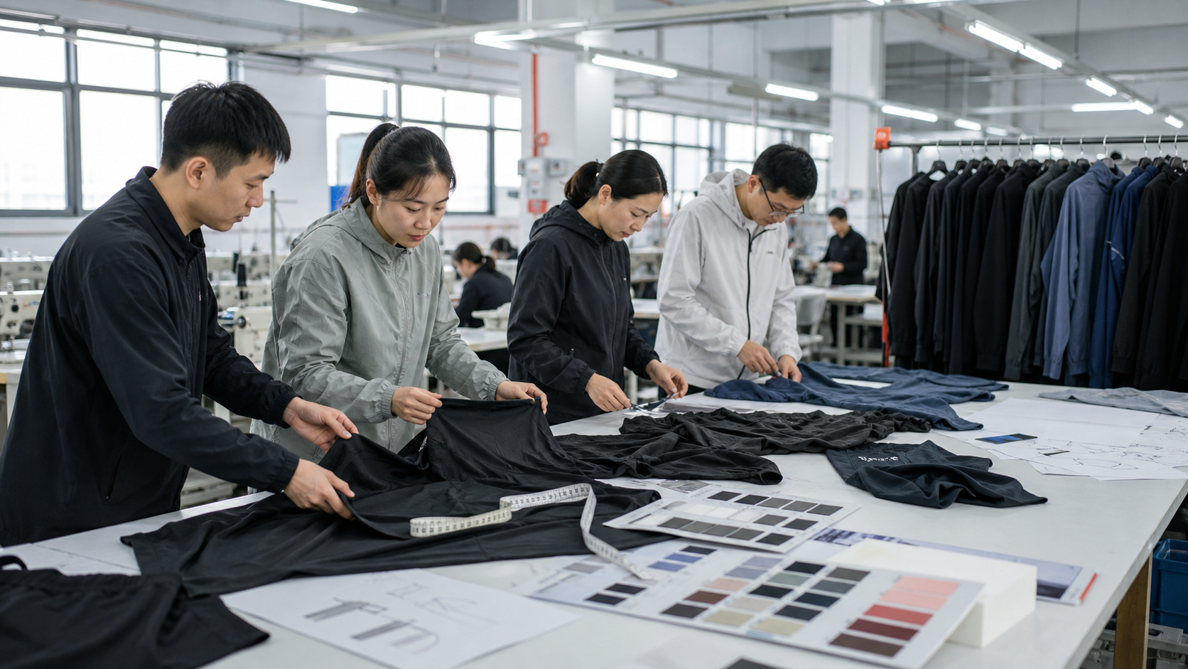 Chinese activewear factory team inspecting unbranded garments, fabric swatches, and sample-development details