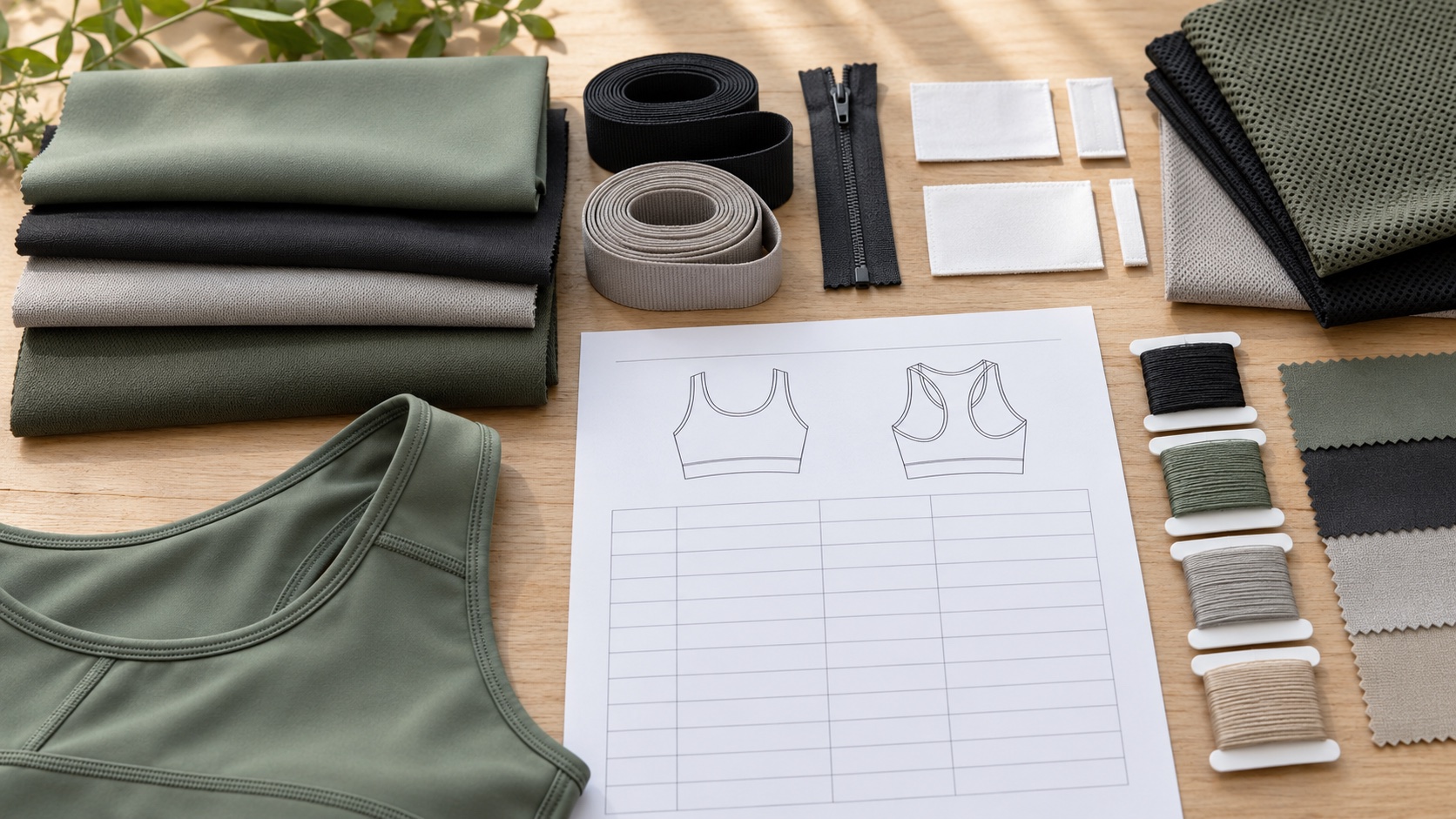 Illustrative activewear development worktable with fabric swatches, elastic, zipper, labels and a blank component worksheet.