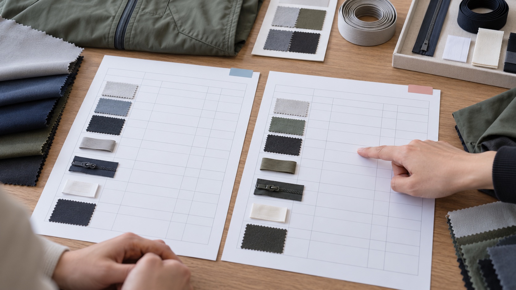 Illustrative BOM revision review showing component worksheets, fabric swatches and trim references on a development desk