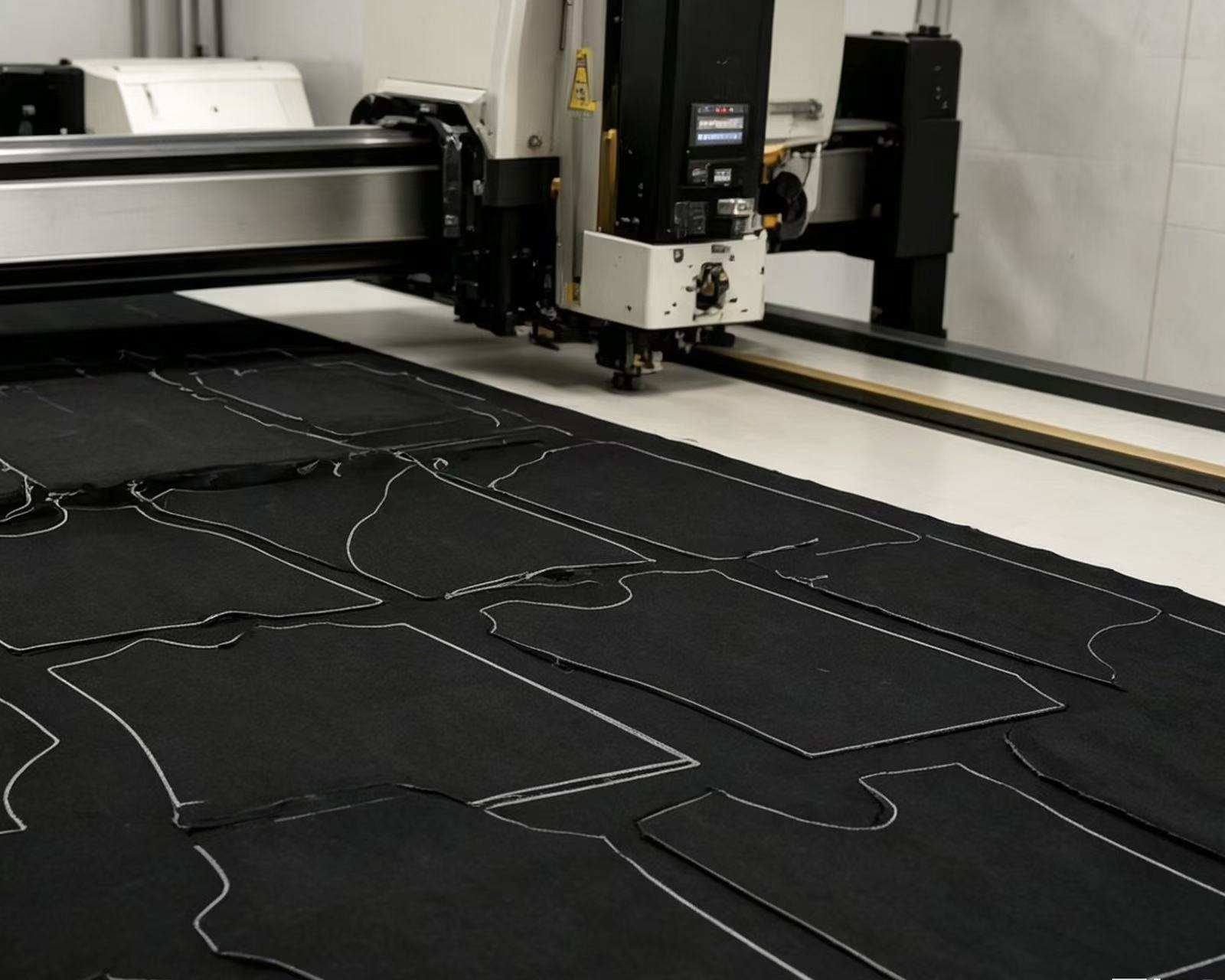 Real automated cutting room preparing activewear panels from an approved production layout