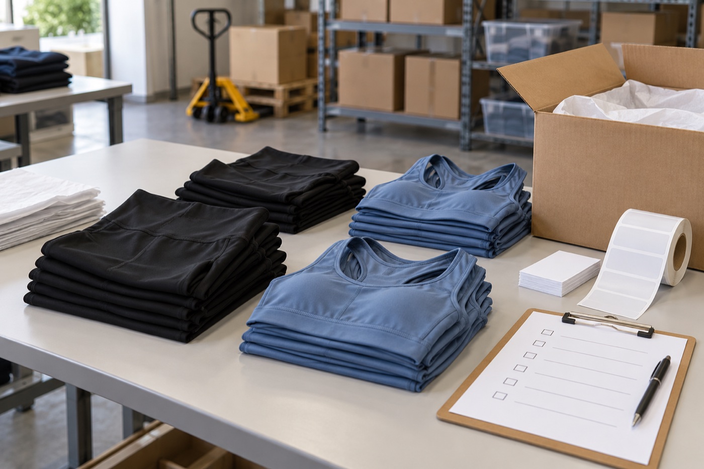 A generic activewear receiving table with garments grouped for SKU-level carton and shipment-cost review.