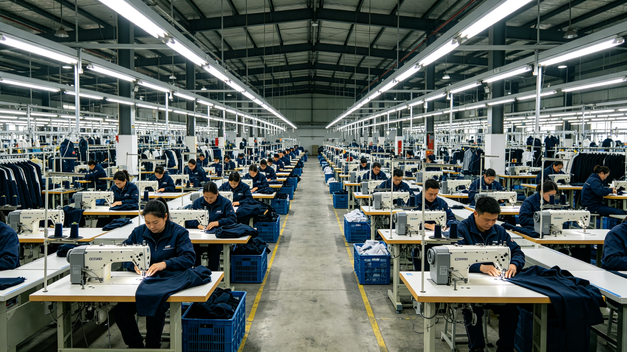 Chinese garment production floor illustrating the factory context for a controlled activewear measurement specification