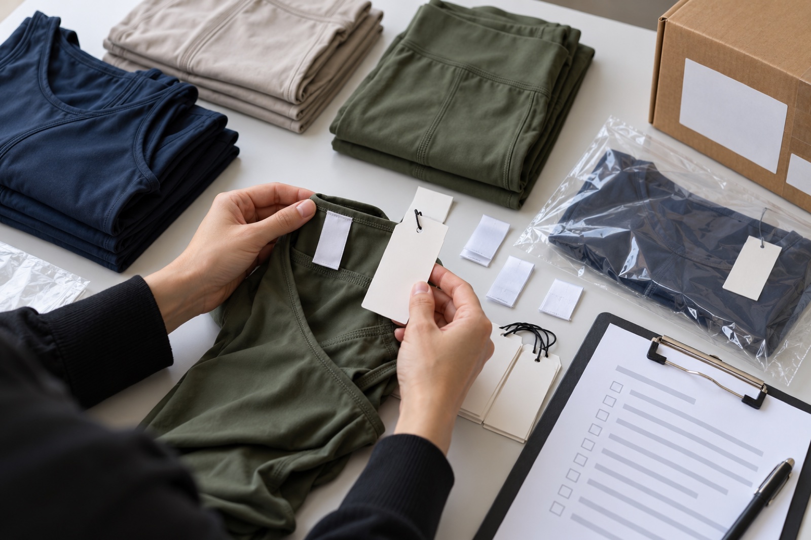 Illustrative activewear packing review with folded garments, blank labels and a checklist for a production handoff