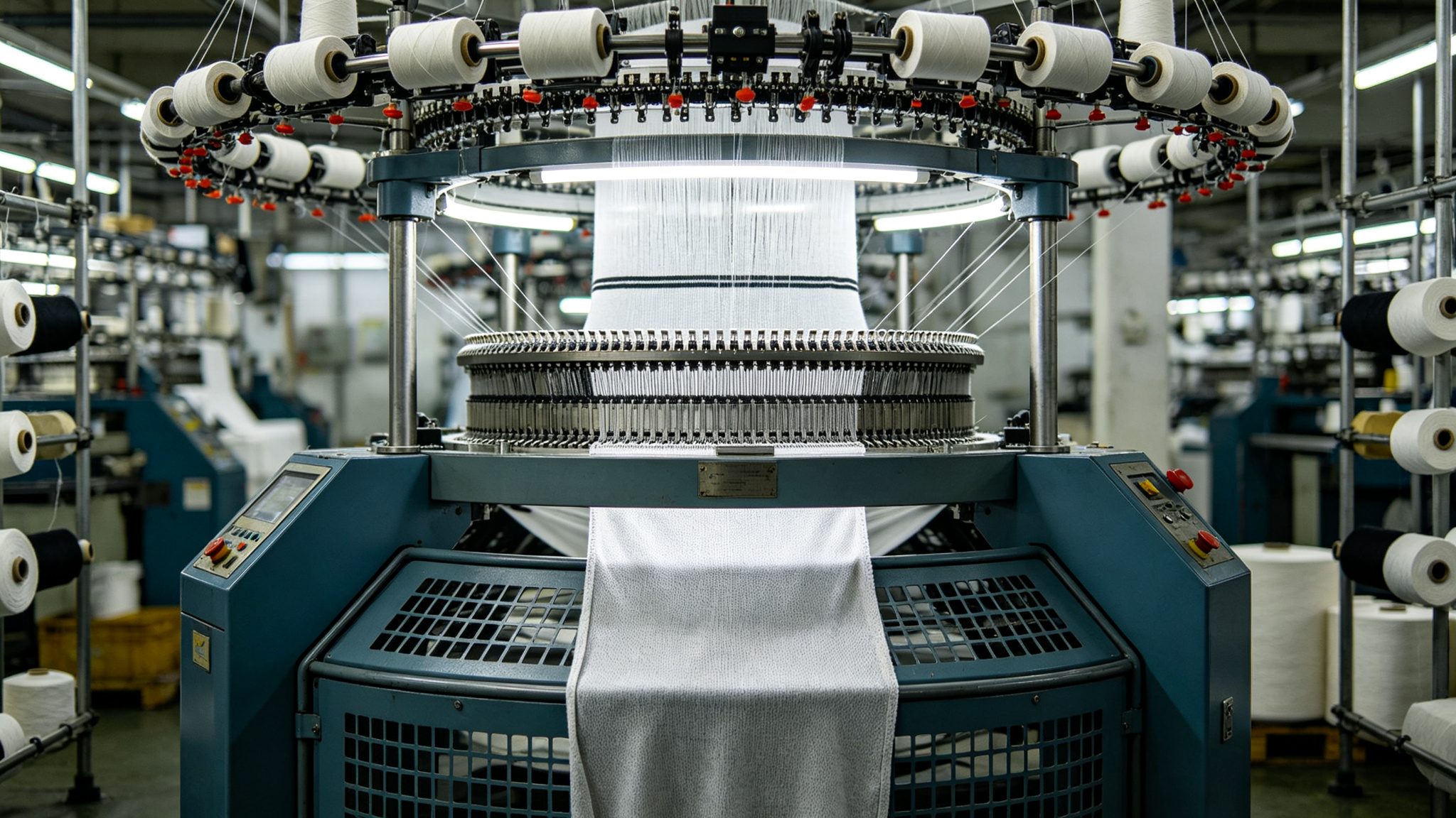 Circular knitting equipment shown as a fabric-construction context image for an activewear romper material discussion