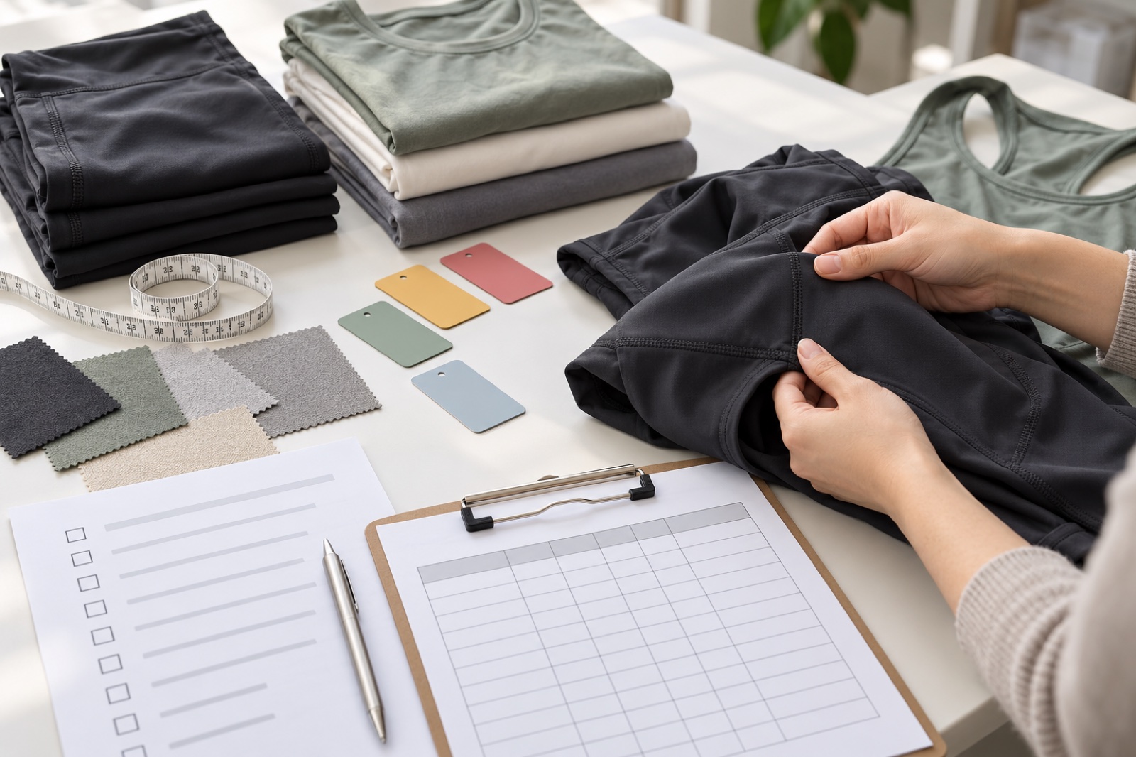 Illustrative receiving review of activewear with a garment, swatches and a blank issue log