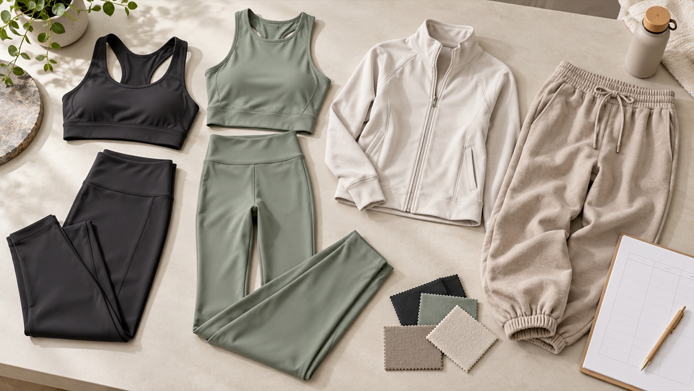 An unbranded activewear assortment arranged by training, yoga layer and casual jogger roles beside fabric swatches.