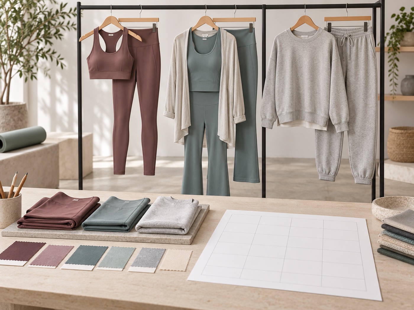 An illustrative activewear range display with training, studio and casual garment roles beside fabric swatches and an unmarked assortment sheet.