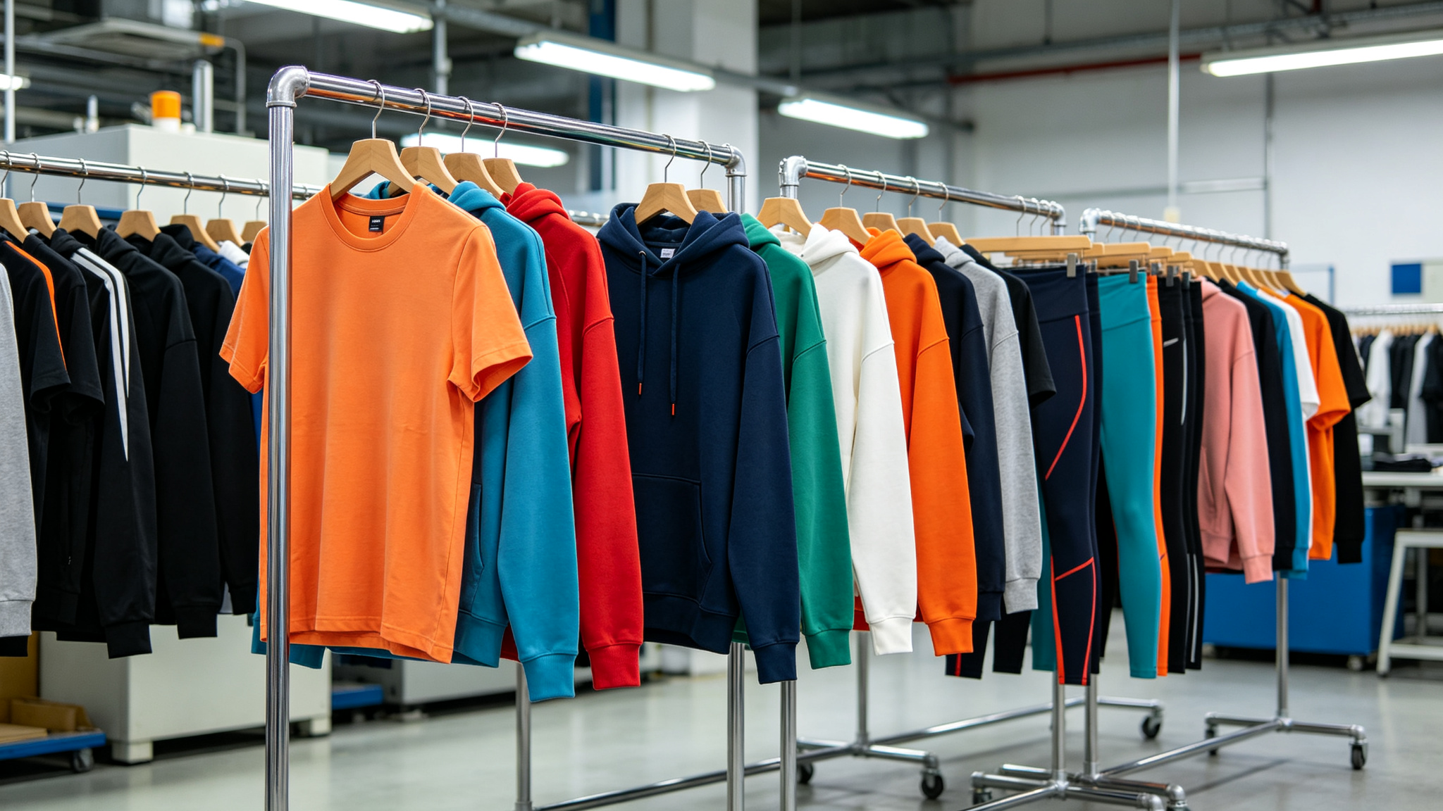 編集用の製品方向性リファレンスとして工場で展示された無地衣料品の assortment